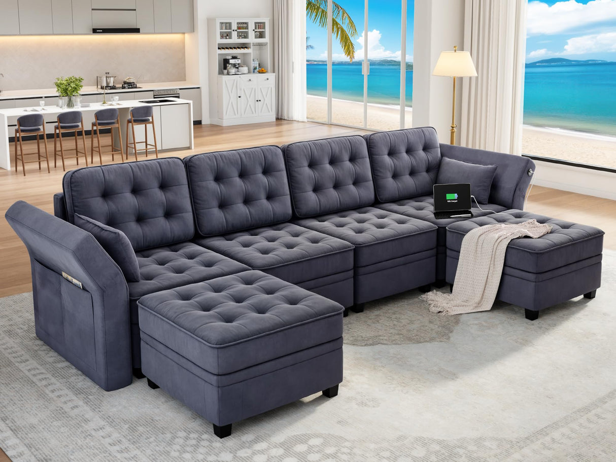 YITAHOME Modular Sectional Sofa, U Shaped Sectional Couch with Reversible Chaise Velvet 6-Seater Convertible Sofa with 3-Position Adjustable Armrests and USB Port, for Living Room (Dark Grey3) YITAHOME