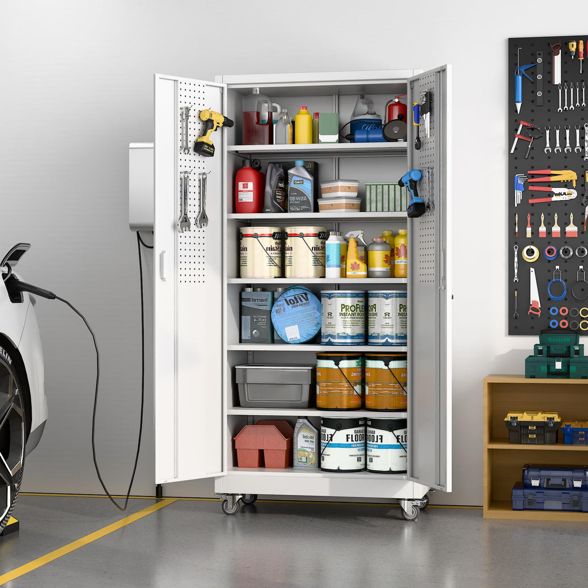 Aobabo Upgrade 71H''*32''W*16''D Metal Garage Storage Cabinet with Wheels and Pegboards, 5 Adjustable Shelves Steel Storage Cabinets for Home,Warehouse,Garage,Assembly Required,White Aobabo