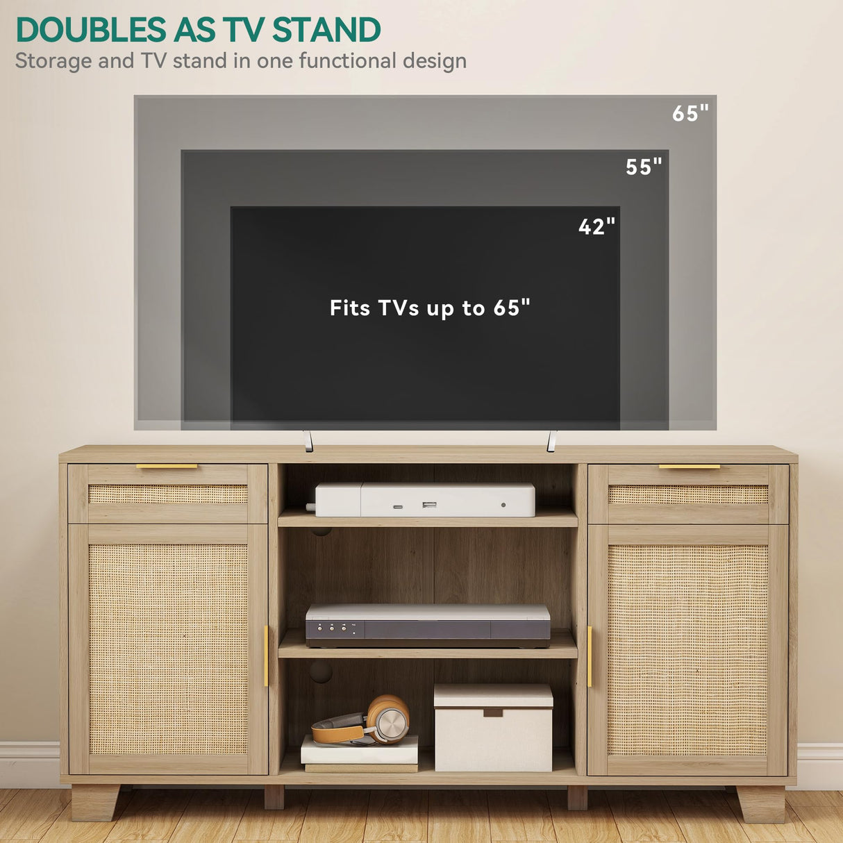 YITAHOME Rattan TV Stand for up to 65 Inch TVs, Boho Entertainment Center with Storage, TV Media Console with Drawers, Adjustable Shelves for Living Room (Natural Oak) YITAHOME