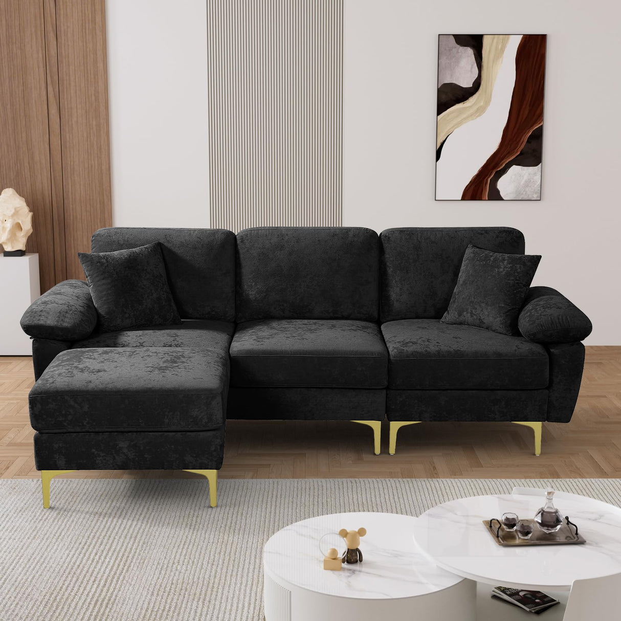 OUYESSIR L Shaped Sectional Sofa Couch, 3 Seat Velvet Sofa with Ottoman and Pillows, Upholstered Comfy Couch Sleeper for Living Room, Bedroom, 91 inches (Black) OUYESSIR