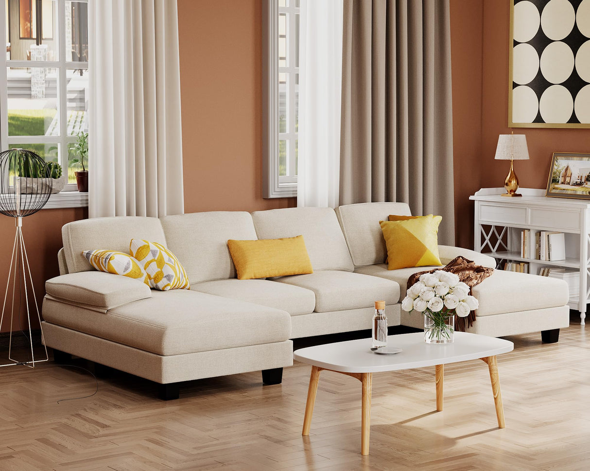 Furmax Sectional Couches for Living Room, U-Shaped Sofa Couch with Linen Fabric, 4 Seat Sofa Set with Double Chaise for Apartment (Fabric, White) Furmax
