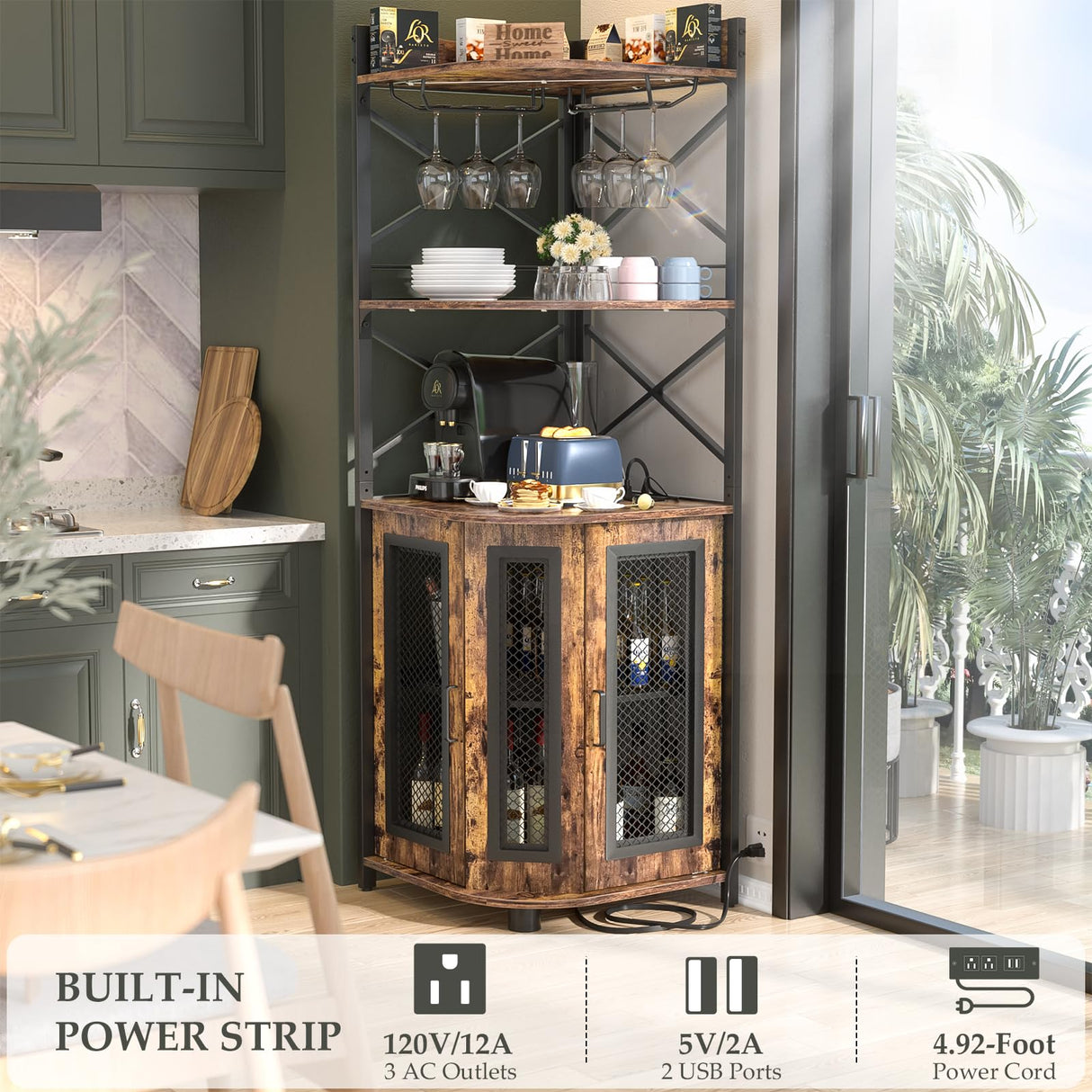 Aheaplus Corner Bar Cabinet with Power Outlet, Industrial Wine Cabinet with LED Strip and Glass Holder, 5-Tiers Liquor Cabinet Bar Unit for Home, Corner Display Cabinet for Small Space, Rustic Brown Aheaplus