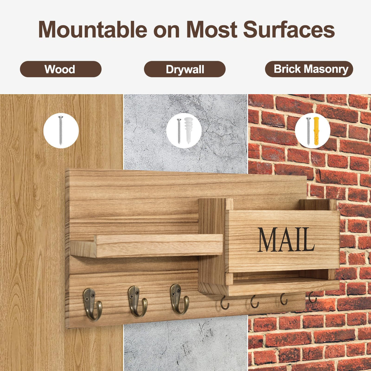 Lwenki Mail Organizer for Wall Mount – Key Holder with Shelf Includes Letter Holder and Hooks for Hallway Farmhouse Decor – Rustic Wood with Flush Mounting Hardware (16.5” x 9.1” x 3.4”) (Wood) Lwenki