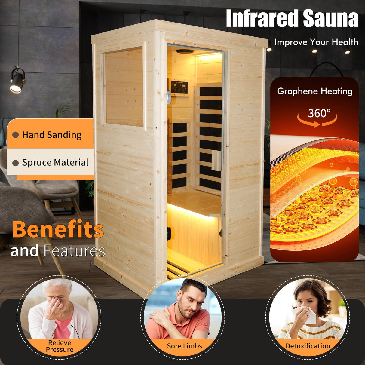 OUTEXER Far Infrared Wooden Sauna Room Home Sauna Spa Low-EMF Dry Saunas Single Person Spa Finland Spruce Wood fit for 7ft Person OUTEXER