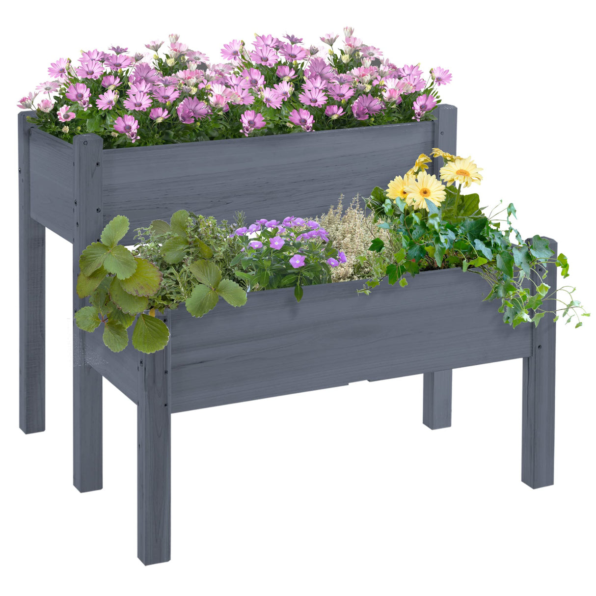 Outsunny 34"x34"x28" Raised Garden Bed, 2-Tier Elevated Wood Planter Box for Backyard, Patio to Grow Vegetables, Herbs, and Flowers, Gray Outsunny