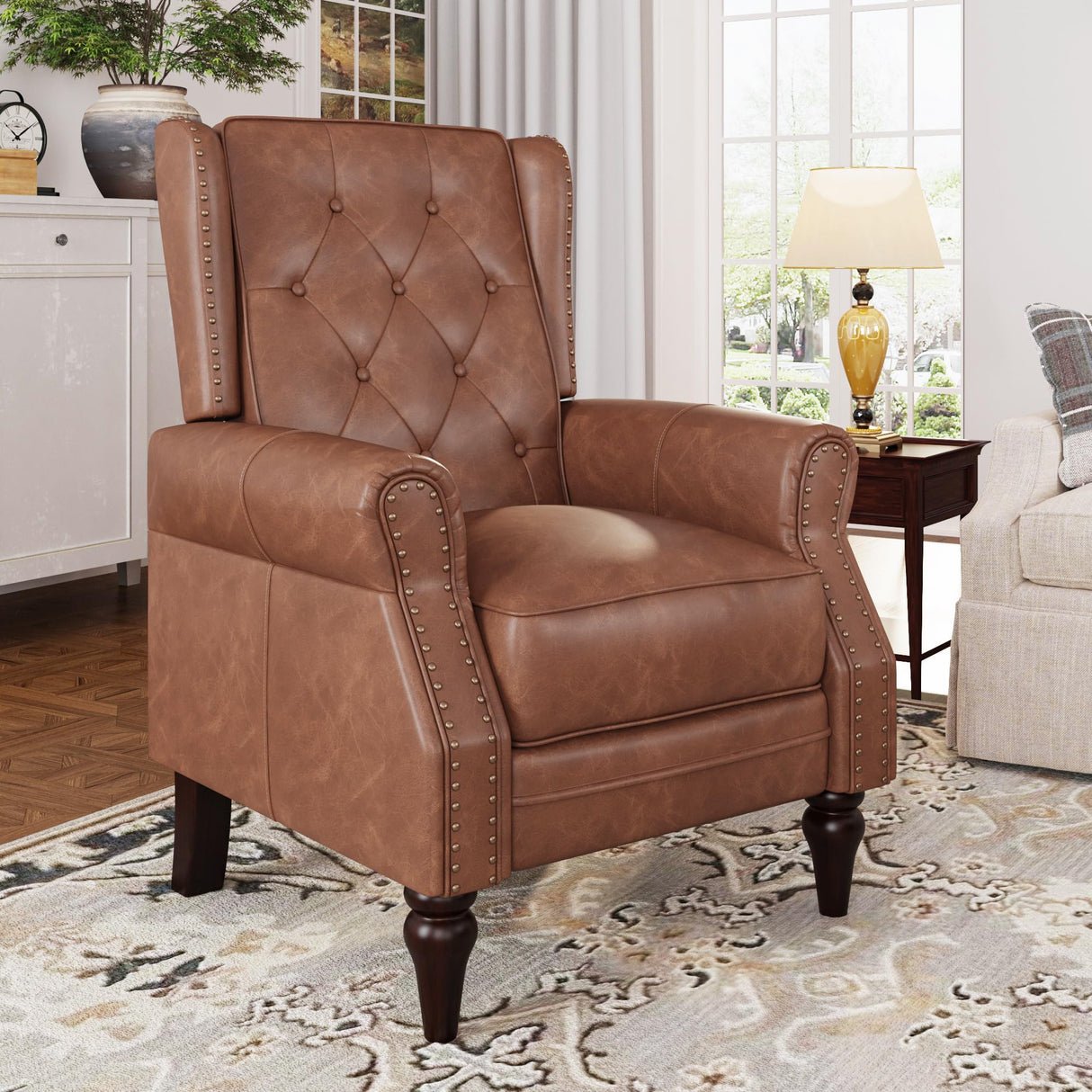 Small Recliner Chair, Single Sofa Recliner Chair with Wingback, Leather Accent Chair with Rivet Decoration for Living Room Bedroom Club Cafe, Matt Brown FiveWillowise
