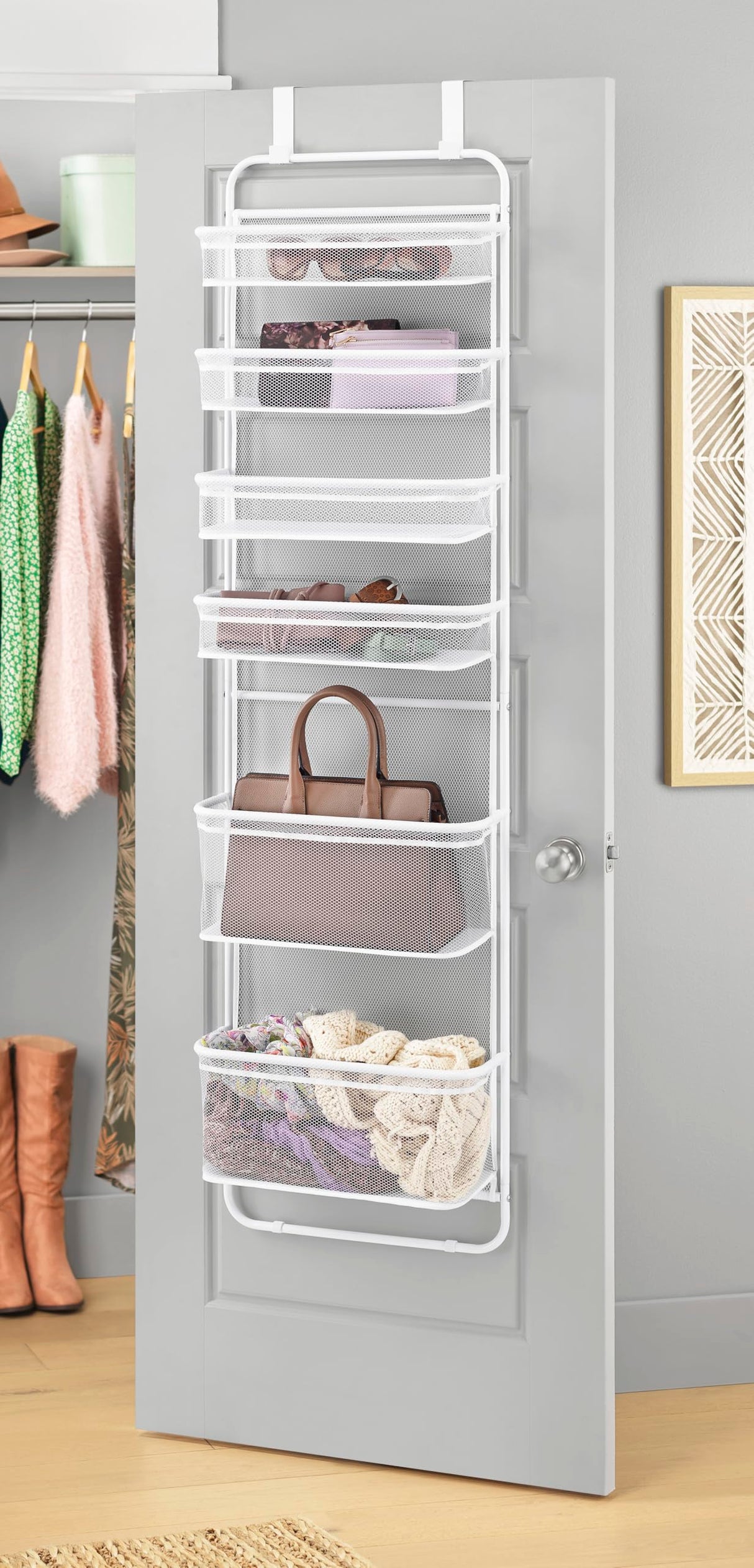 Whitmor Over The Door Organizer - 6 Sections - Pantry, Bathroom, Accessory Organizer - Metal and Mesh - White Whitmor