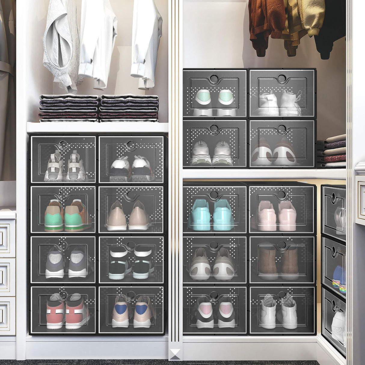 DWVO Large 18 Pack Shoe Storage Boxes, Plastic Stackable Shoe Storage Organizer for Closet, Fit up to US Size 13, Foldable Shoe Rack Clear Sneaker Containers (Black, Large) DWVO