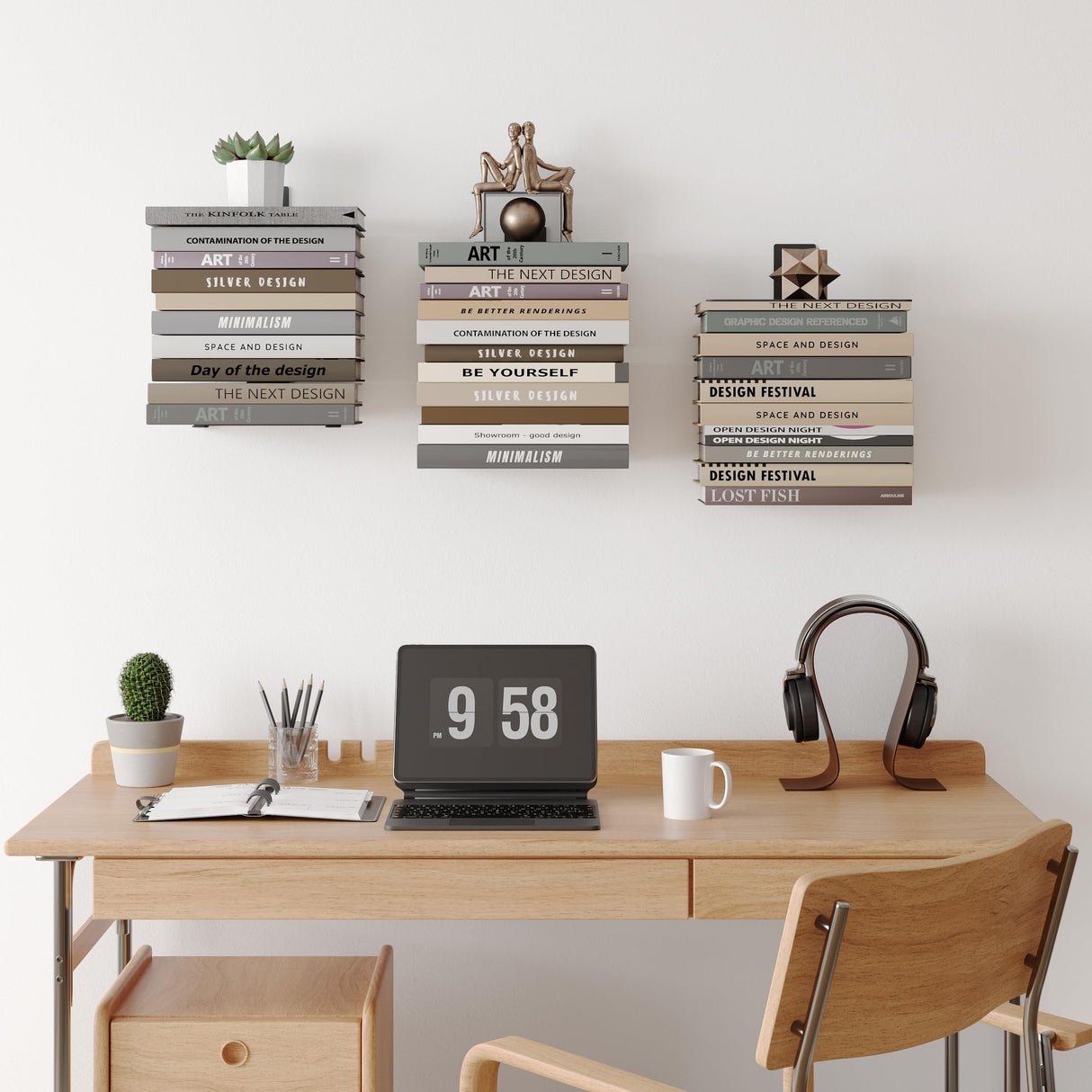 Wawocs Invisible Floating Book Shelves for Wall, 4 Tier Heavy Duty Metal Loads 60LBS, Vertical Spine Book Tower Floating Bookshelves, Book Organizers for Home Office, 2 Pack Black Wawocs