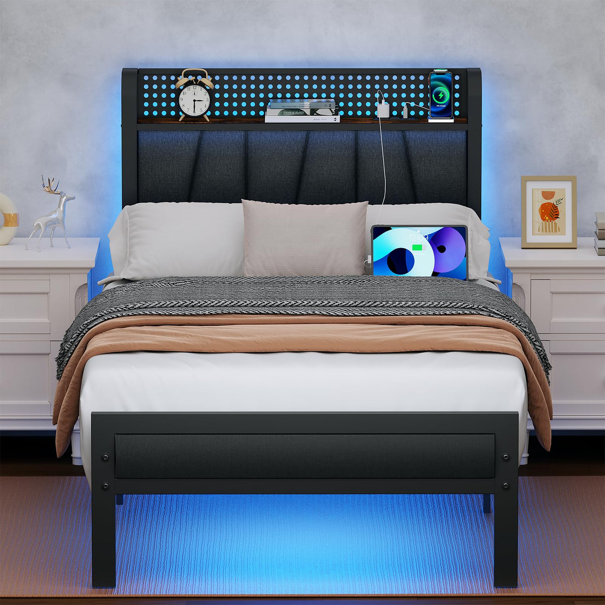 Furnulem Twin Size Bed Frame with LED Lighting, Charging Station, and Upholstered Storage Headboard in Grey Furnulem