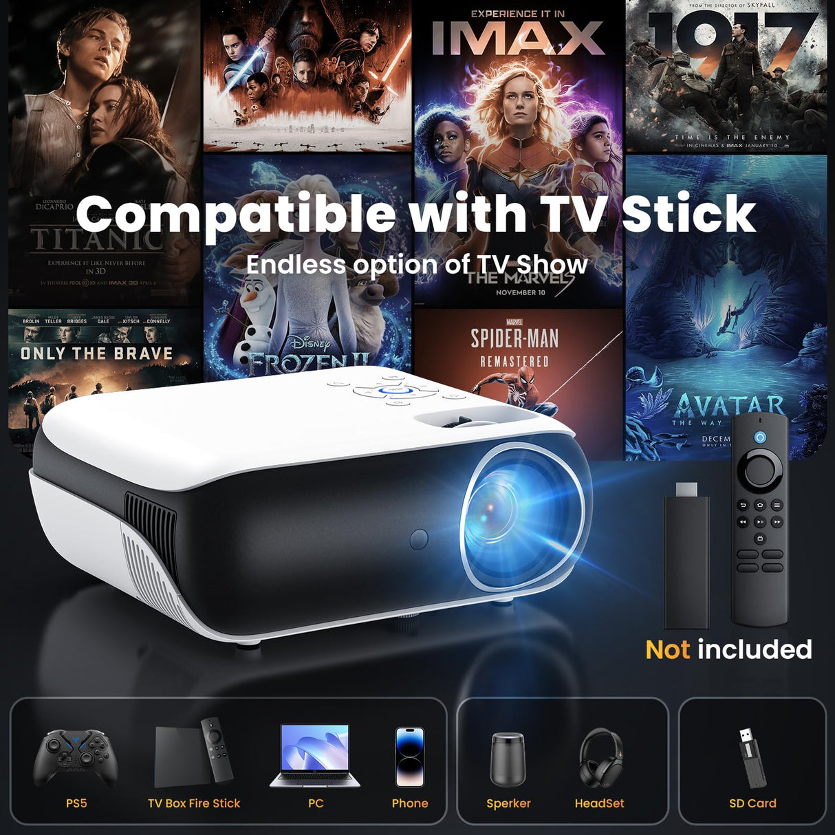 HAPPRUN Projector, Native 1080P Bluetooth Projector, Portable Outdoor Movie Projector, Full HD Mini Projector with Speaker for Home Bedroom, Compatible with Smartphone,HDMI,USB,AV,Fire Stick,PS5 HAPPRUN