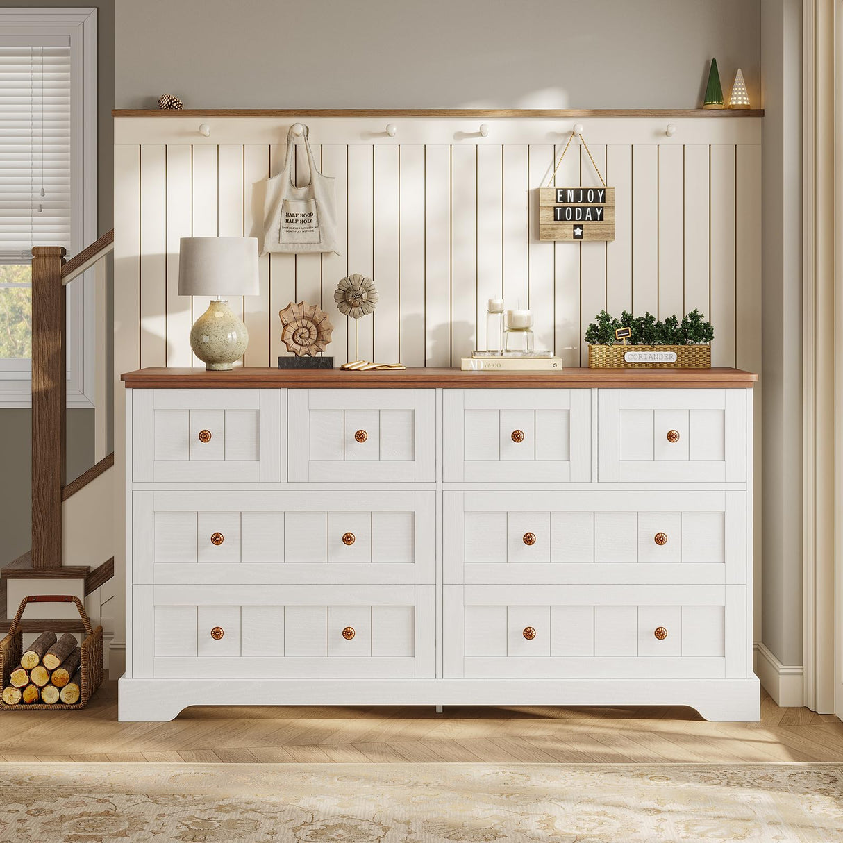 Hasuit White 8 Drawer Dresser, 55.1" Wide Farmhouse Dressers Chest of Drawer, Wood Bedroom Dresser with Hand Carved Panel, Large Capacity Clothing Storage Organizer for Bedroom, Living Room, Hallway Hasuit