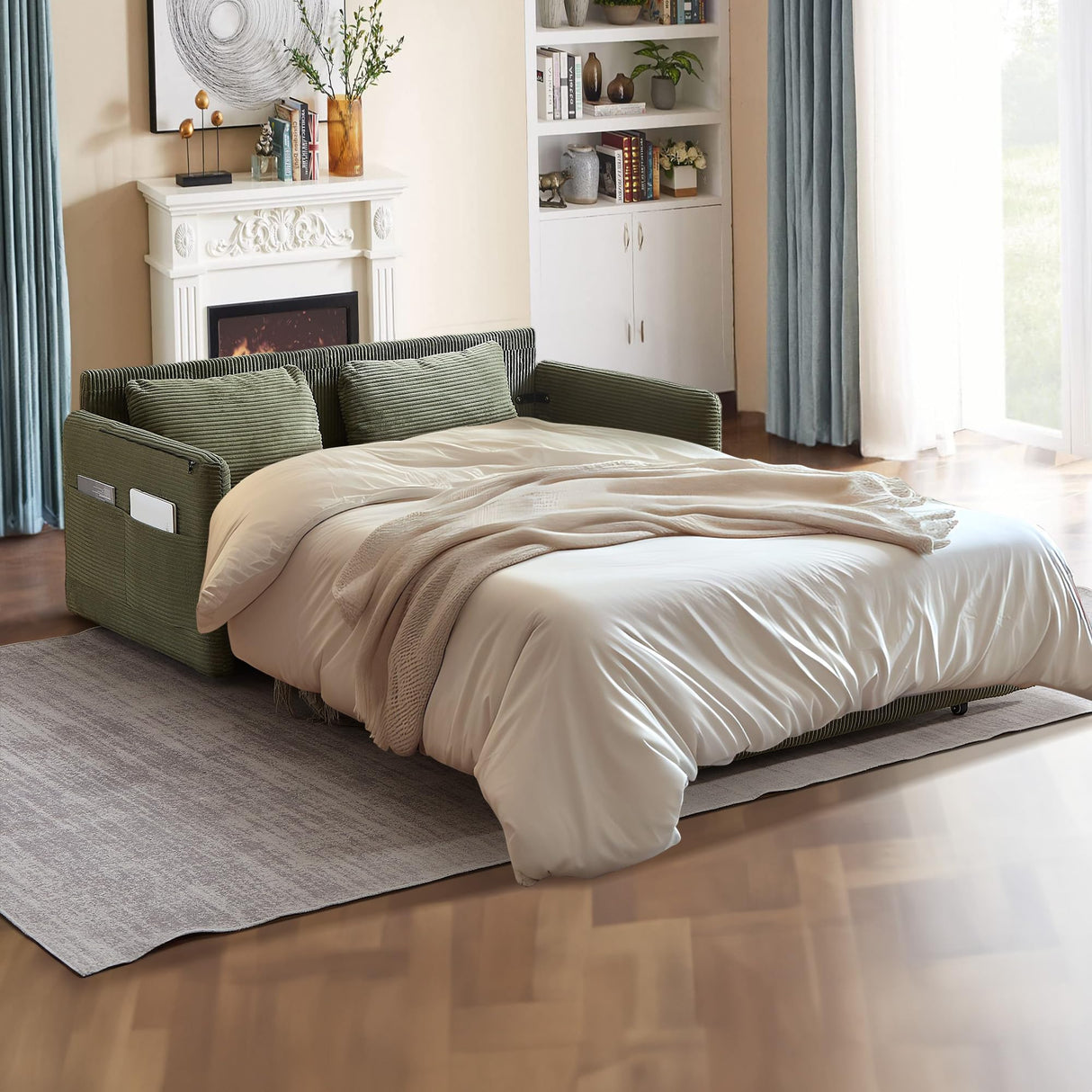 CAPCAEK Queen Size Pull Out Couch Sleeper Sofa Bed, 3-in-1 Convertible Futon Couch for Living Room with Storage Pockets & Arm Pillows, Modern Corduroy Sofa Bed(Green) CAPCAEK