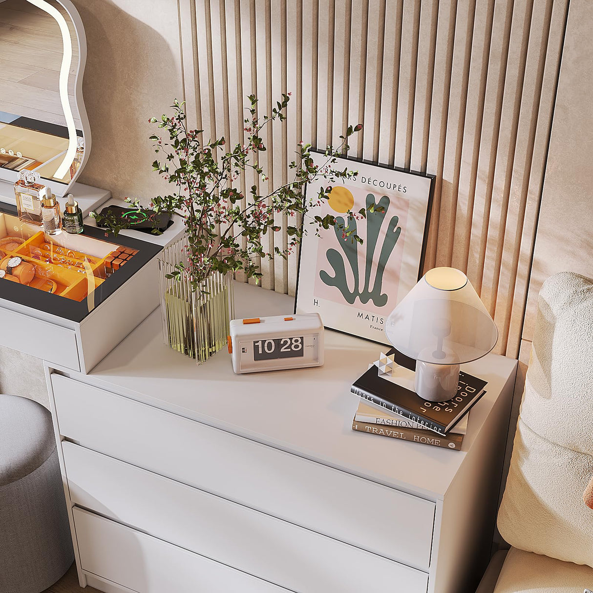 MIIFUNY Corner Vanity Desk with Mirror and Lights, Makeup Vanity with Charging Station, Extendable Dressing Table with Drawers and Dresser for Women Girls, White MIIFUNY