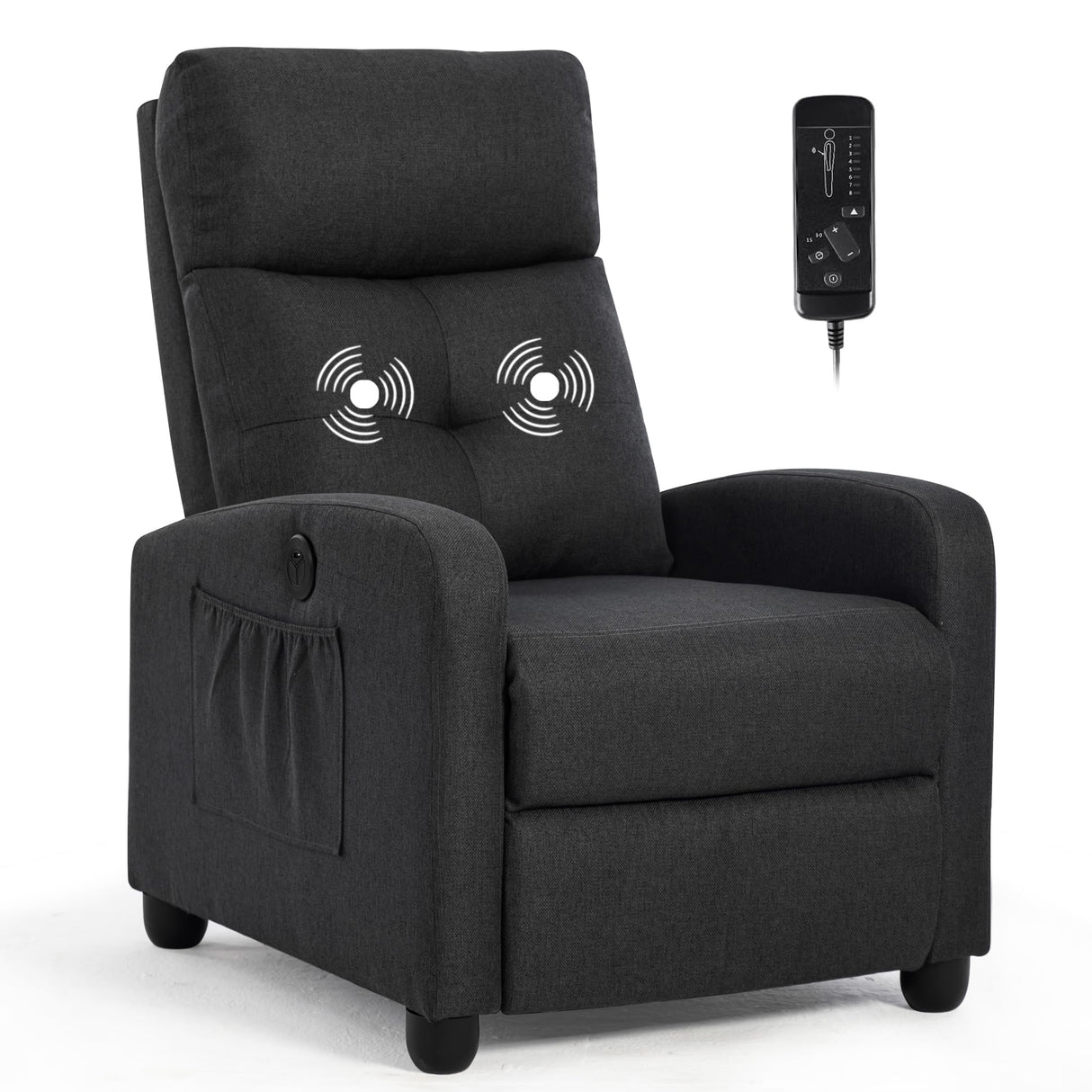 Sftaiyou Power Massage Small Recliner Chair, Fabric Recliners for Adults, Adjustable Home Theater Seating with Lumbar Support, Modern Reclining Sofa Chair for Living Room Bedroom (Black) Sftaiyou