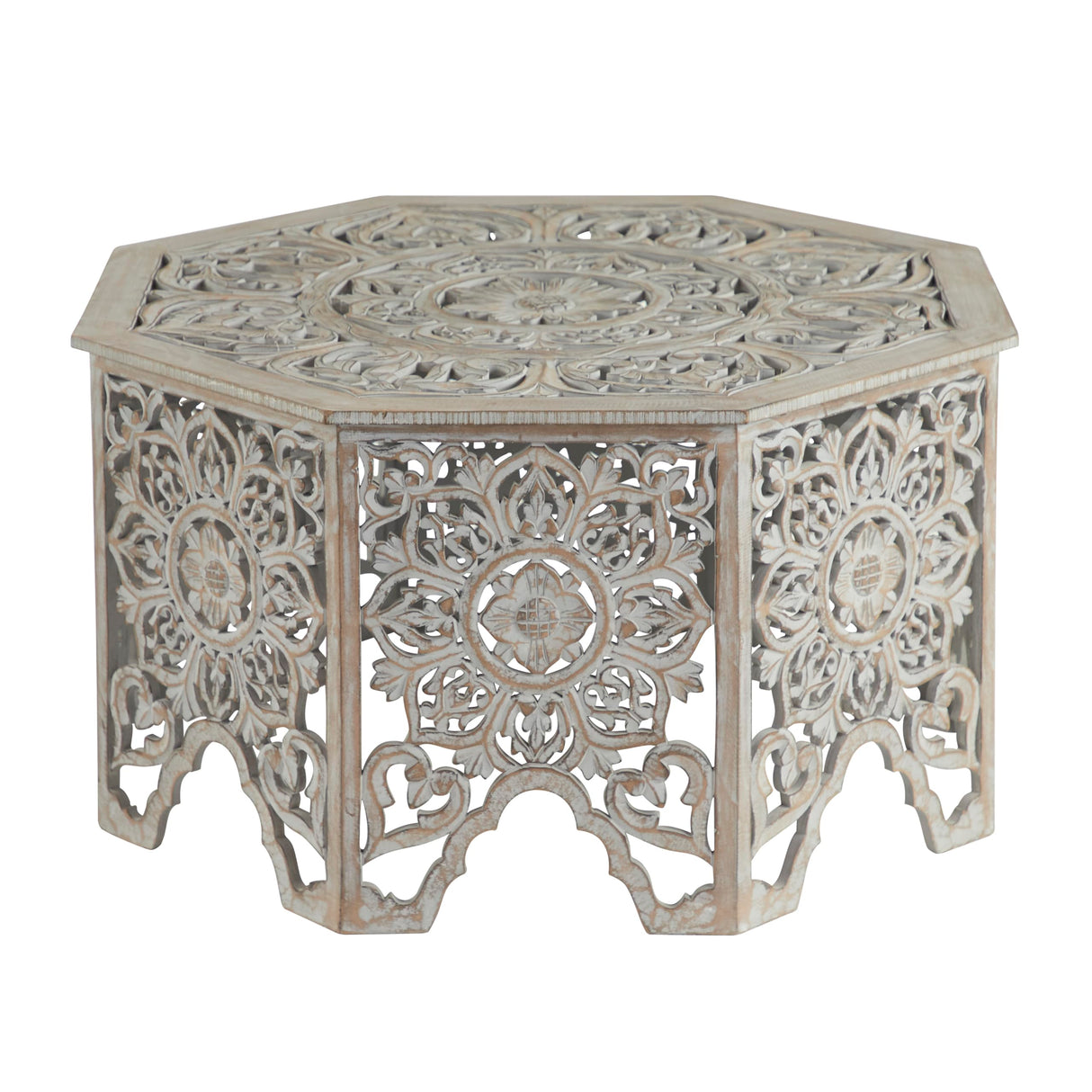Deco 79 Wooden Floral Handmade Living Room Coffee Table Intricately Carved Table with Hollow Interior, Center Table 33" x 33" x 18", Light Gray Deco 79