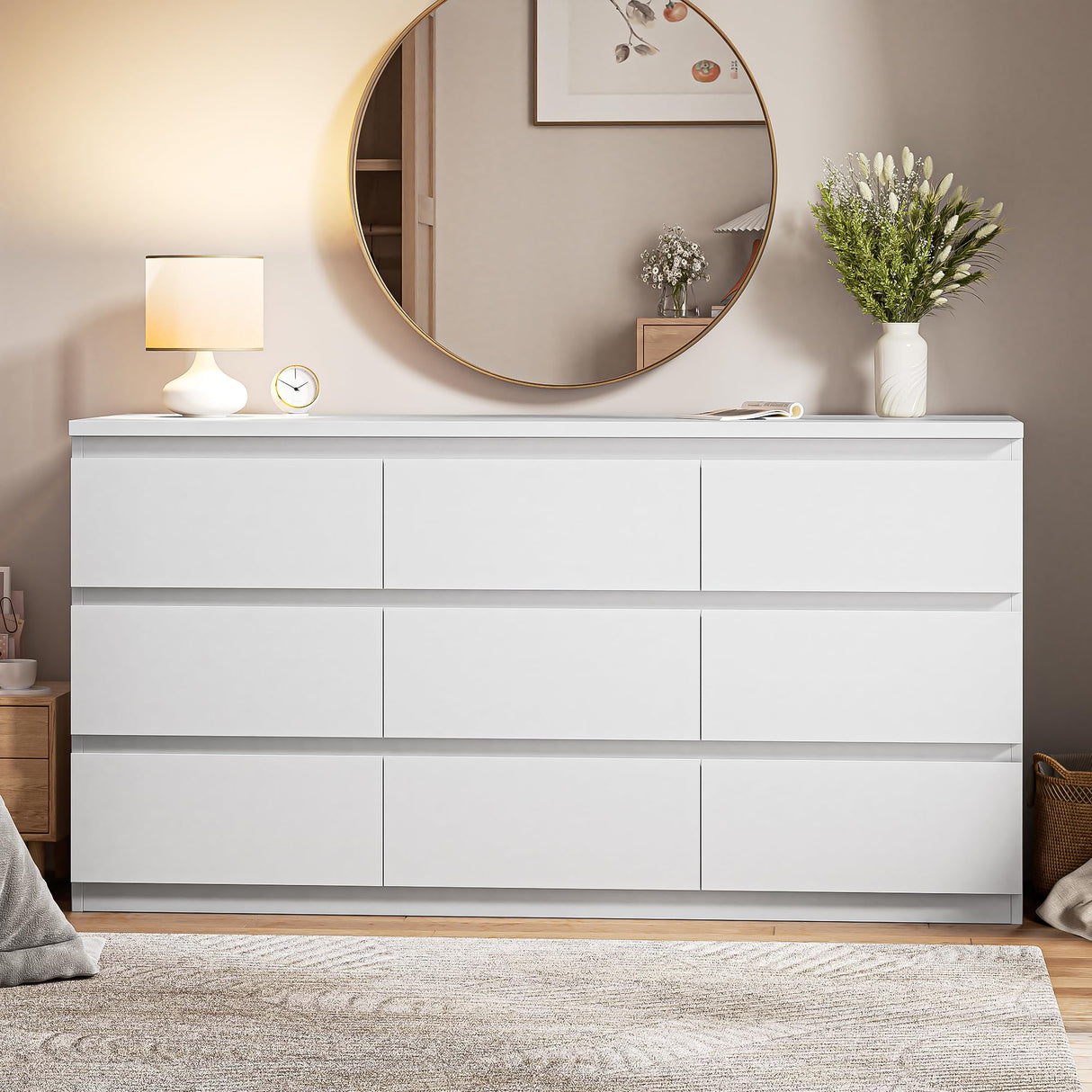 Jocoevol Modern White 9 Drawer Dresser for Bedroom, Simply Chest of Drawers, Wood Storage Dresser with Deep Drawers for Living Room Hallway Entryway, White Jocoevol