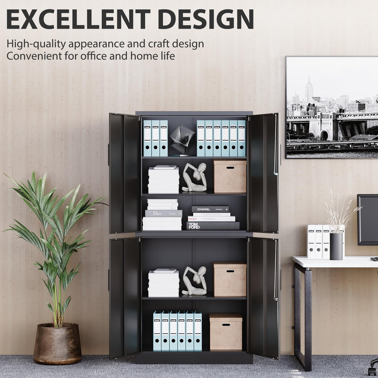 Metal Storage Cabinet with 3 Adjustable Shelves,Garage Storage Cabinet with Lock,Black Metal Cabinet with Locking Doors,Steel Cabinet 4 Doors,71" Lockable Storage Cabinet for Garage,Home,Office SISESOL