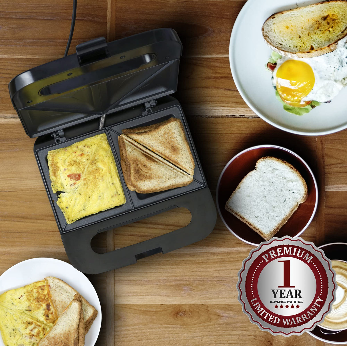 OVENTE Electric Sandwich Maker with Non-Stick Plates, Indicator Lights, Cool Touch Handle, Easy to Clean and Store, Perfect for Cooking Breakfast, Grilled Cheese, Tuna Melts and Snacks, Black GPS401B OVENTE