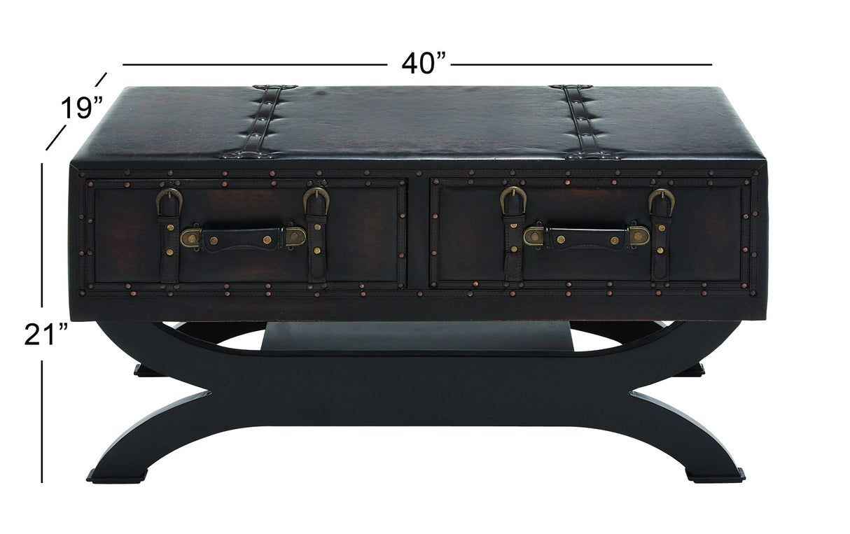 Deco 79 Faux Leather Living Room Coffee Table Vintage Faux Leather 2 Drawer Table with Curved Style Leg Stand, Center Table 40" x 19" x 21", Brown Deco 79