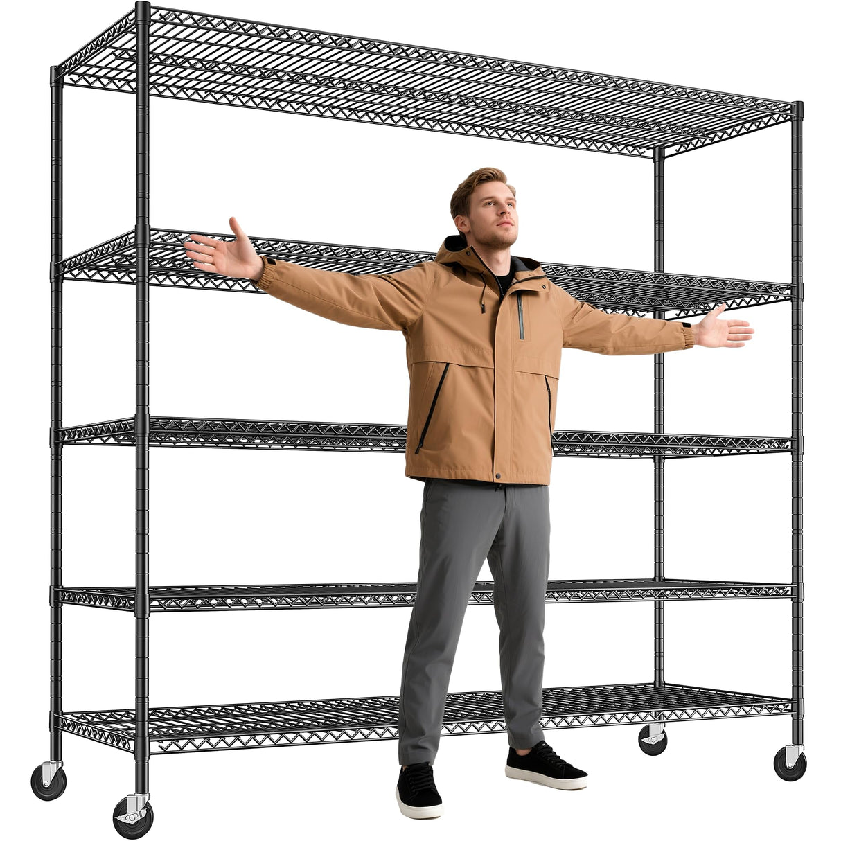 REIBII 85.7"H Storage Shelves 2998LBS Metal Shelving Units with Wheels&Feet, 5 Tier Garage Shelving Heavy Duty Adjustable Wire Shelf for Pantry Garage Commercial Industrials, 85.7"H X 55.5"W X 24.2"D REIBII