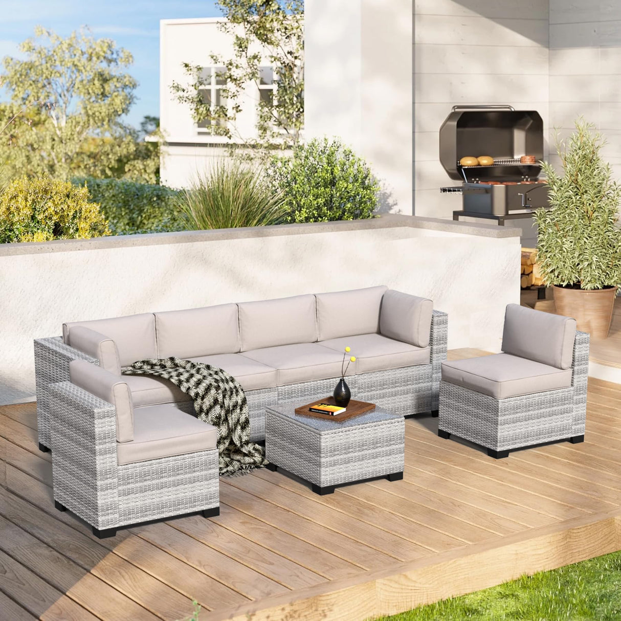 7-Piece Outdoor Sectional Patio Furniture Set, All-Weather Wicker Rattan Sofa w/Thick Washable Cushions & Tempered Glass Table, Perfect for Garden, Poolside, Backyard (7, Graywhite&Offwhite) YLGJ&TIDY