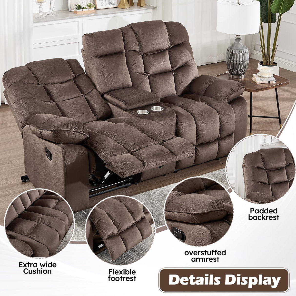 HAOMARKETS Manual Reclining Loveseat Sofa for Living Room, 77" Wide Overstuffed 2-Seater Recliner Couch with Cup Holders & Storage Console, Breathable Fabric, Brown HAOMARKETS
