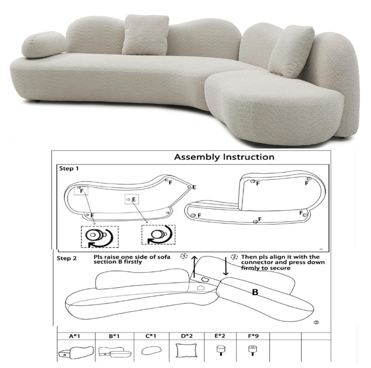 BBTJOINT Curved Modular Sectional Sofa for Living Room,Minimalist Style,V-Shape Cloud-Like Design,Contemporary Boucle Fabric Upholstery,Deep Seat Off-White Couch BBTJOINT