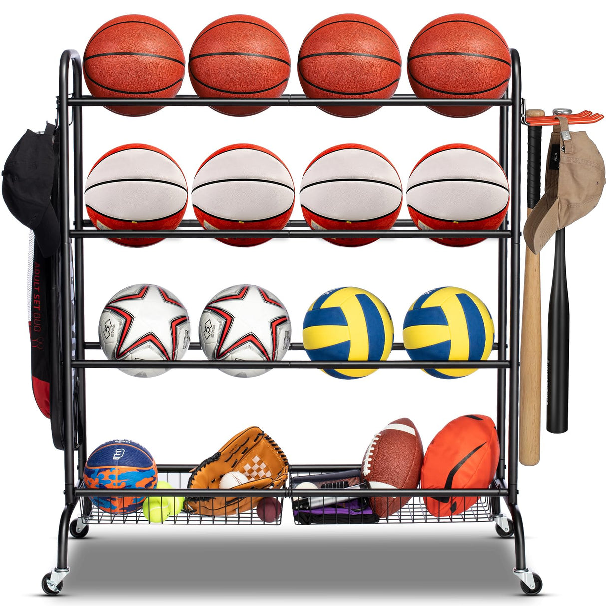 EXTCCT Basketball Rack, Outdoor Rolling Basketball Shooting Training Stand,Sports Equipment Storage with Wheels, Garage Four-Layer Ball Holder with Two Basket for Basketballs Footballs Volleyball EXTCCT