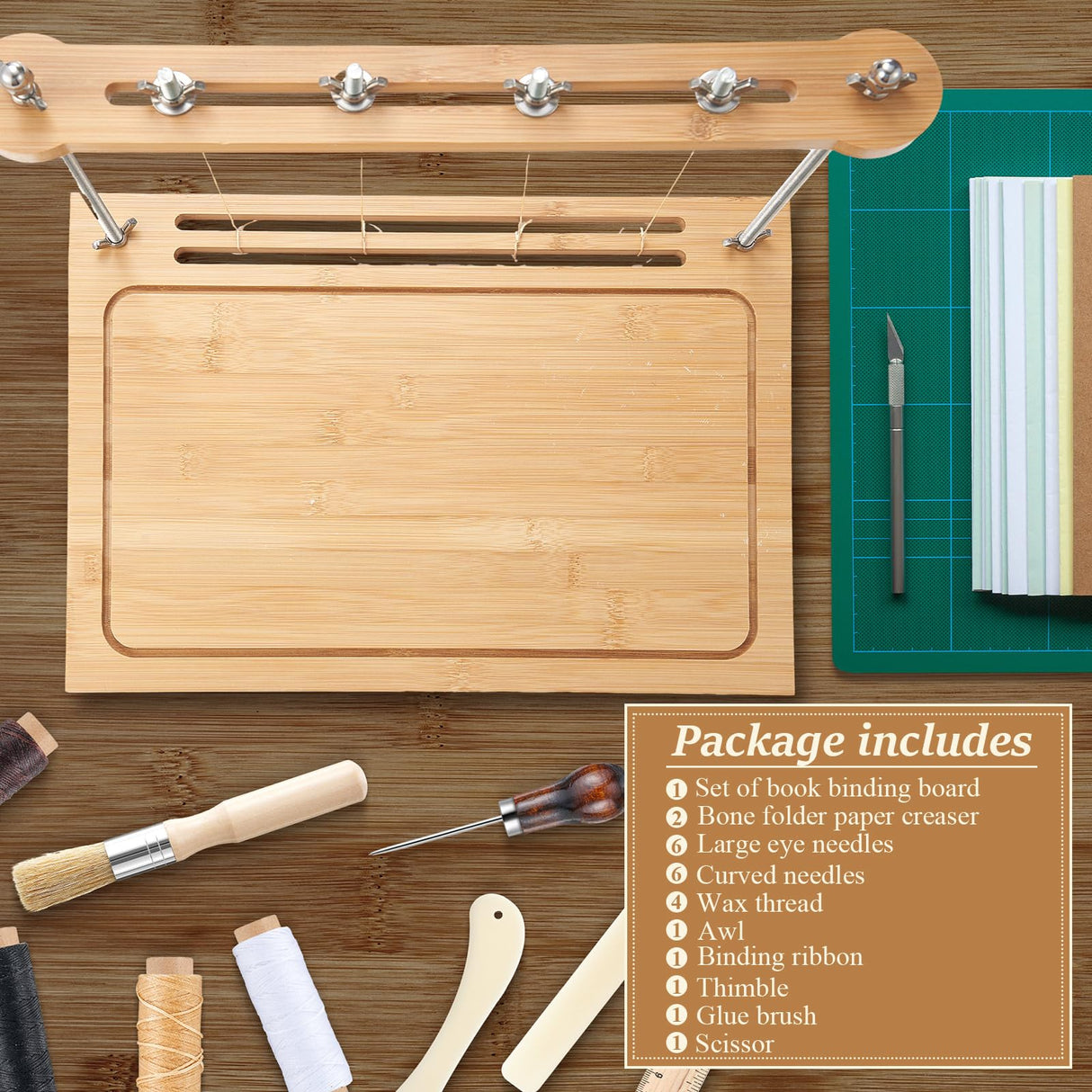 Maysing 24 Pcs Book Binding Kits Bookbinding Tools Bookbinding Sewing Frame Set Hand Bookbinding Supplies with Awl Bone Folder Paper Creaser Glue Brush Curved Needles Wax Thread for Handmade DIY Craft Maysing