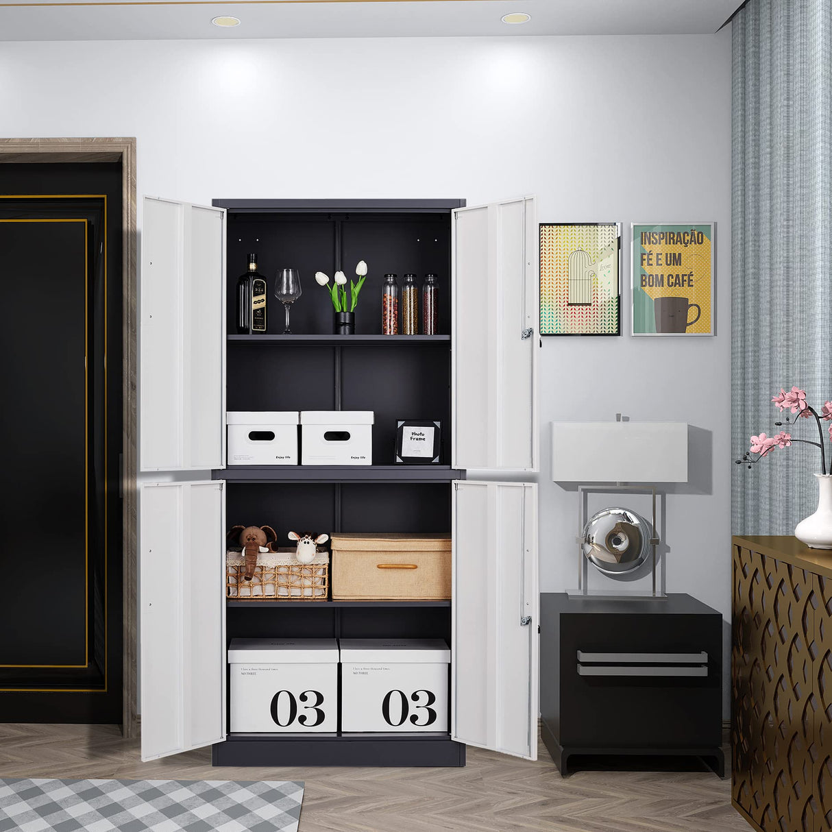 Anxxsu Metal Storage Cabinet, 71" Steel Cabinet with 2 Adjustable Shelves, Locking 4 Doors File Cabinet for Home, School, Office, Hospital, Garage Storage (Grey White) Anxxsu