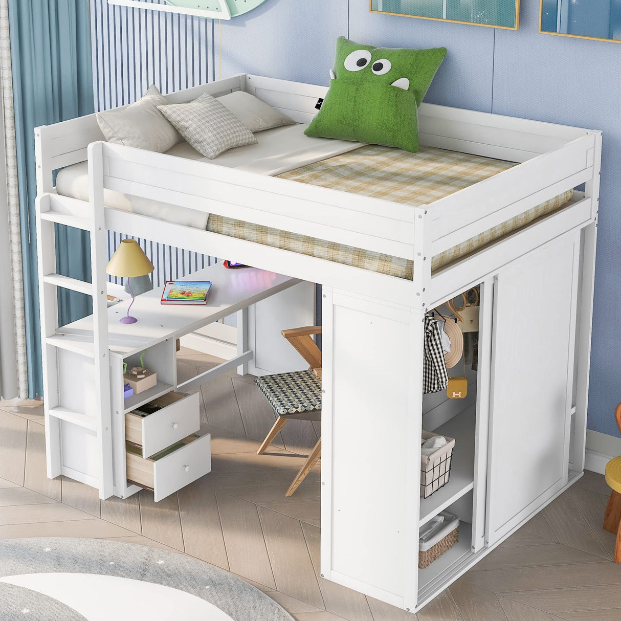 Merax Loft Bed Full Size Adult, Wood Frame with Desk and Wardrobe, Storage Design with Drawers & Cabinet, for Teen Girls & Boys(White) Merax