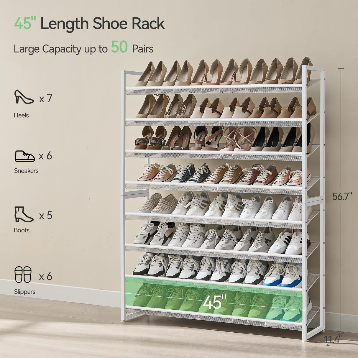 Nunsino Shoe Rack, Long Shoe Organizer,Max Holds 50 Pairs,8 Tier Metal Shoe Storage Shelf,4-Tier Stackable Shoes Organizer for Garage, Entryway,White Nunsino