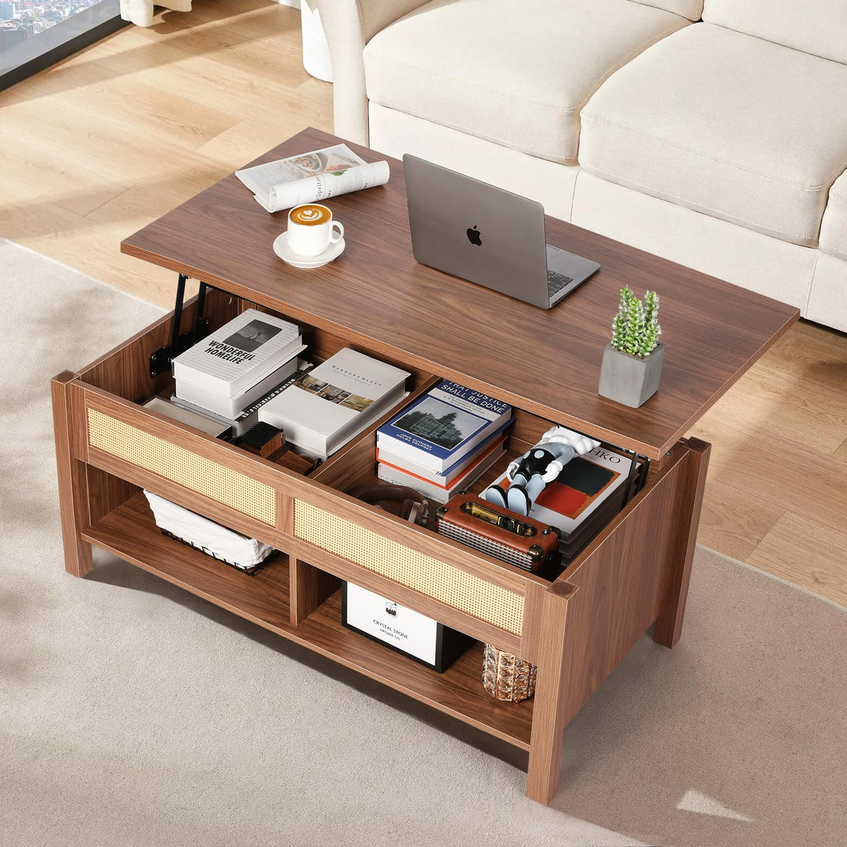 VOWNER Wood Lift Top Coffee Table with Large Hidden Compartment, Rattan Decorated Dining Table for Home Small Space, Bohemian Coffee Table with Storage for Home Living Room, Home Office, Espresso VOWNER