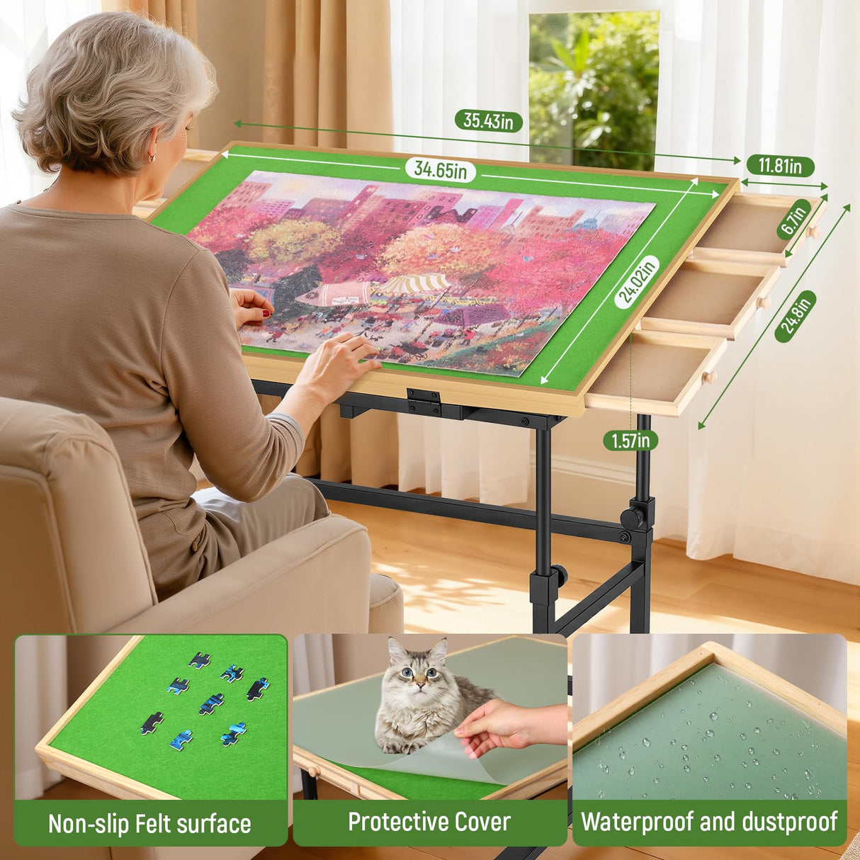 Tranqio 1500 Piece Jigsaw Puzzle Table with Metal Lazy Susan, Rotating Adjustable Height Puzzle Desk with Legs for Adults, 4-Tilting-Angle Portable Wooden Game Board with 6 Drawers & Cover Tranqio