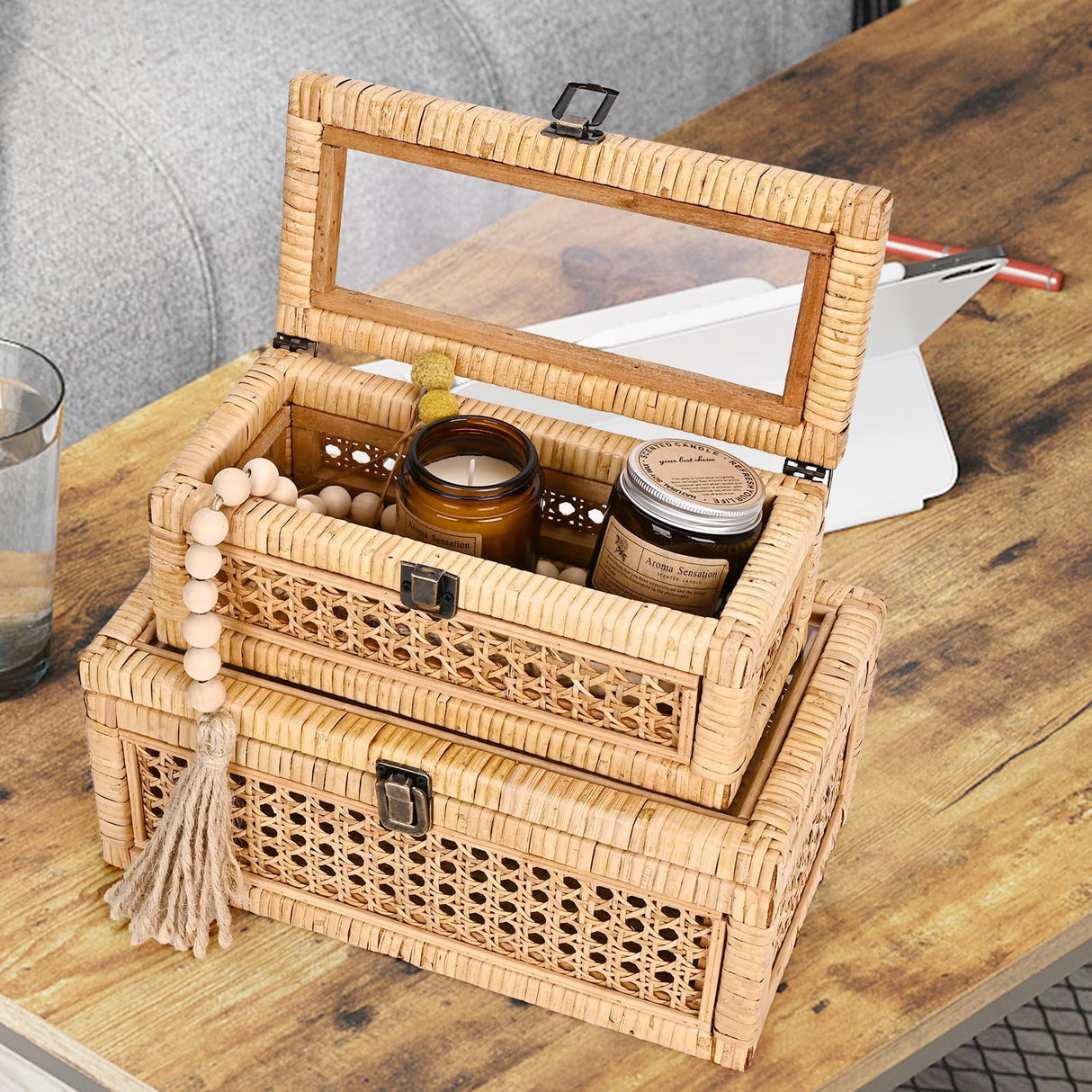 HUAXIN CRAFT H Rattan Decorative Box with Lid, Rectangular Woven with Glass for Display, Set of 2 Wicker for Decor HUAXIN CRAFT H