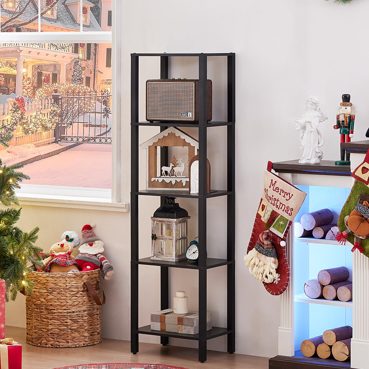 YUFAM 54in Tall Bookshelf 5-Tier Small Narrow Bookcase, Skinny Book Shelf for Small Space, Farmhouse Slim Shelf with Storage, Wood Freestanding Display Thin Bookshelves for Living Room, Office, Black YUFAM