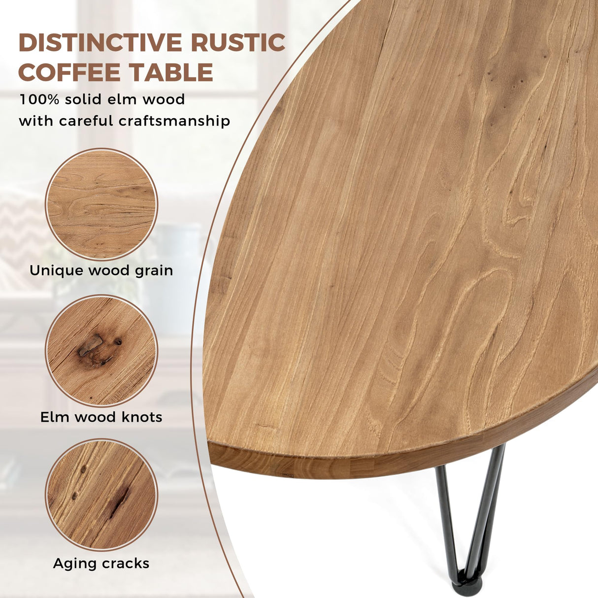 FLYJOE Rustic Wood Round Coffee Table with Metal Legs, Solid Elm Wood Top and Non-Slip Feet Pads - Farmhouse Style for Living Room, Natural FLYJOE