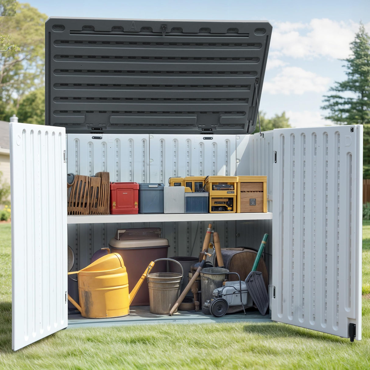 GOOBED Horizontal Shed with Padlock Latch, Outdoor Storage Shed for Backyard and Garden, 35 Cu Ft Small Storage, Waterproof, Easy Assembly, Light Gray GOOBED