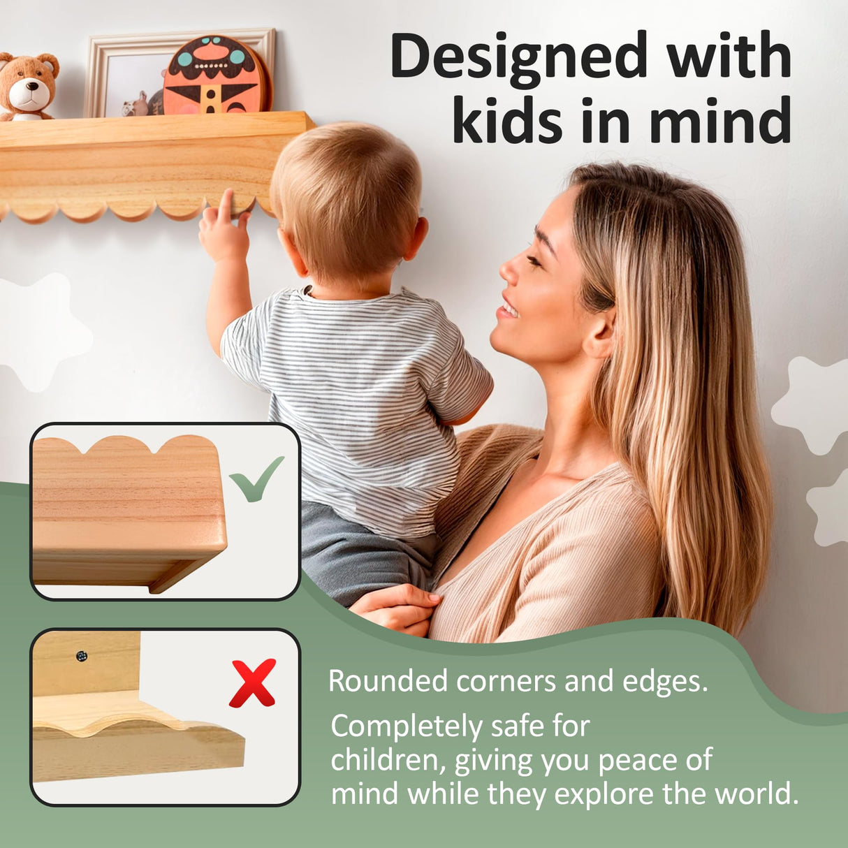 Green Goods Supply Scalloped Shelves - Set of 2 Pre-Assembled 15.6inch Floating Nursery Book Shelves, Scalloped Book Shelf - Kids Wall Bookshelf, Nursery Decor, Floating Shelves for Wall Green Goods Supply