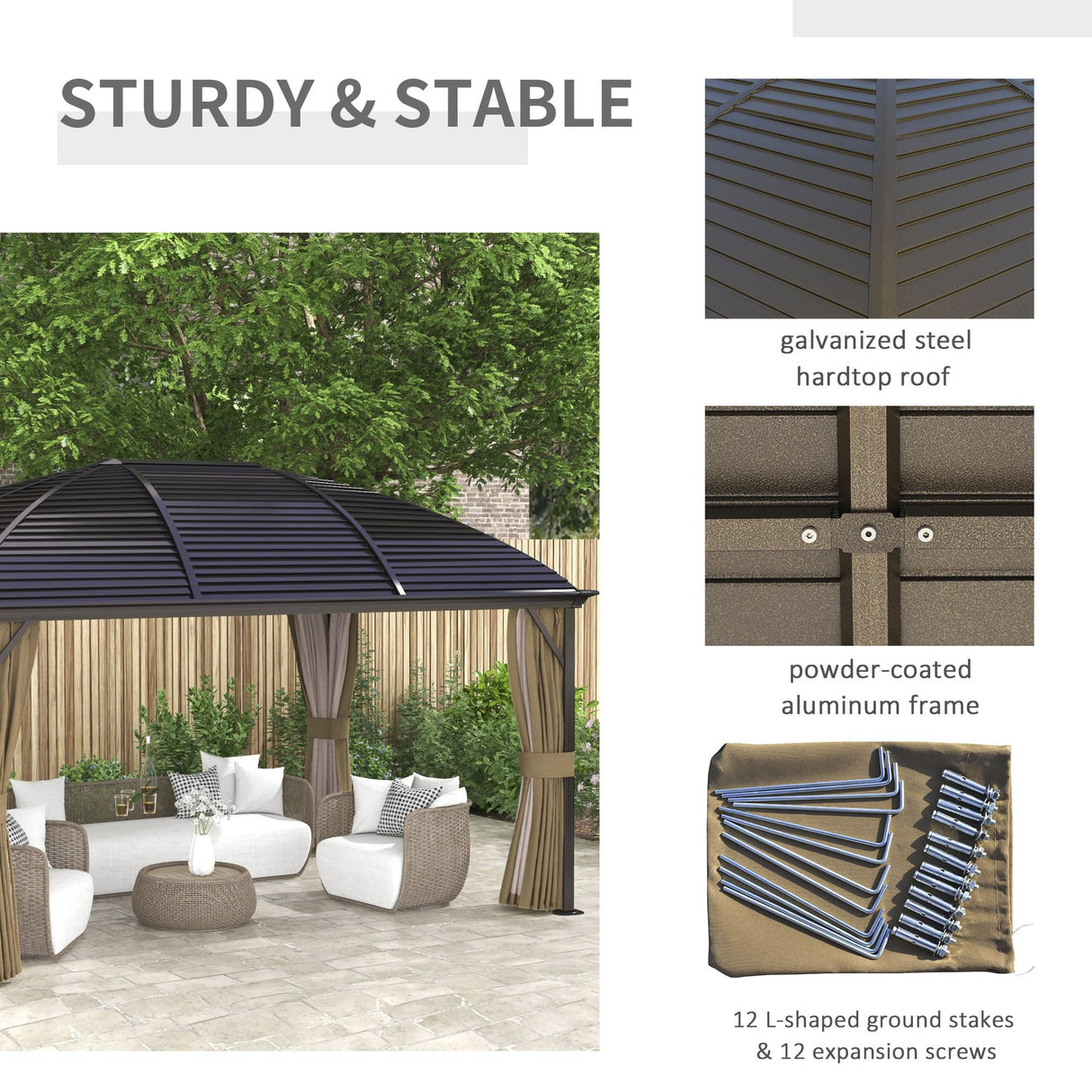 Outsunny 10' x 14' Hardtop Gazebo Canopy with Galvanized Steel Roof, Aluminum Outdoor Pavilion Gazebo with Top Hook, Netting, and Curtains for Patio, Garden, Backyard, Deck, Brown Outsunny