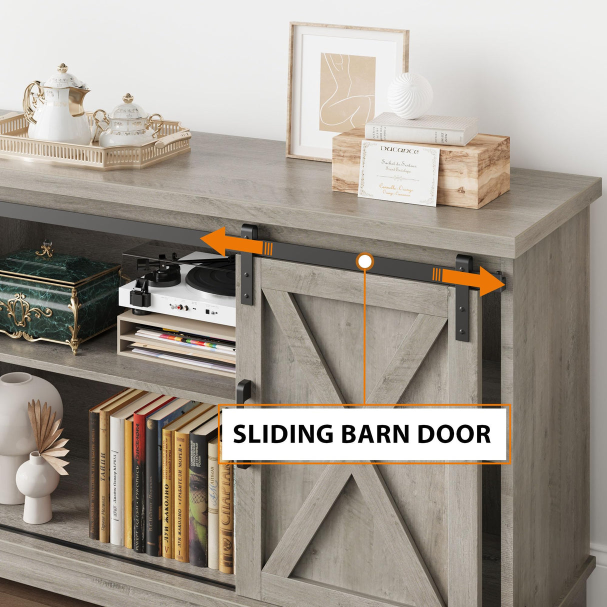 IDEALHOUSE Farmhouse Tv Stand for 65 Inches TVs, Entertainment Center with Storage and Sliding Barn Doors, Adjustable Shelf Modern Media TV Console TV Stand Table for Living Room, Bedroom, Grey IDEALHOUSE