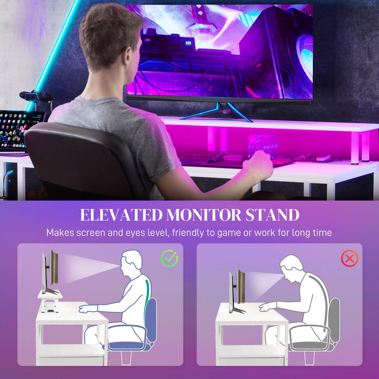 HOMCOM 61" Computer Desk with LED Lights, Power Outlets, and USB Ports, Gaming Desk with Storage Shelves, Monitor Stand, Fabric Drawers & Remote for Home Office Study, Distressed White HOMCOM