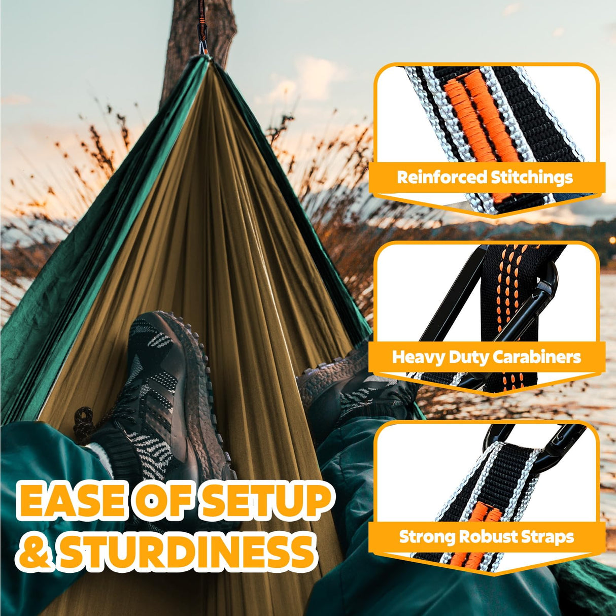 NATUREFUN Ultra-Light Travel Camping Hammock | 300kg Load Capacity,(275 x 140 cm) Breathable,Quick-Drying Parachute Nylon | 2 x Premium Carabiners,2 x Nylon Slings Included | Outdoor Indoor Garden NATUREFUN