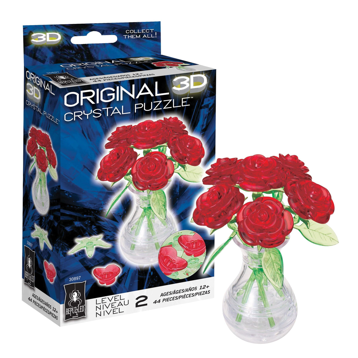 BePuzzled | Roses in Vase Original 3D Crystal Puzzle, Ages 12 and Up, Red Bepuzzled