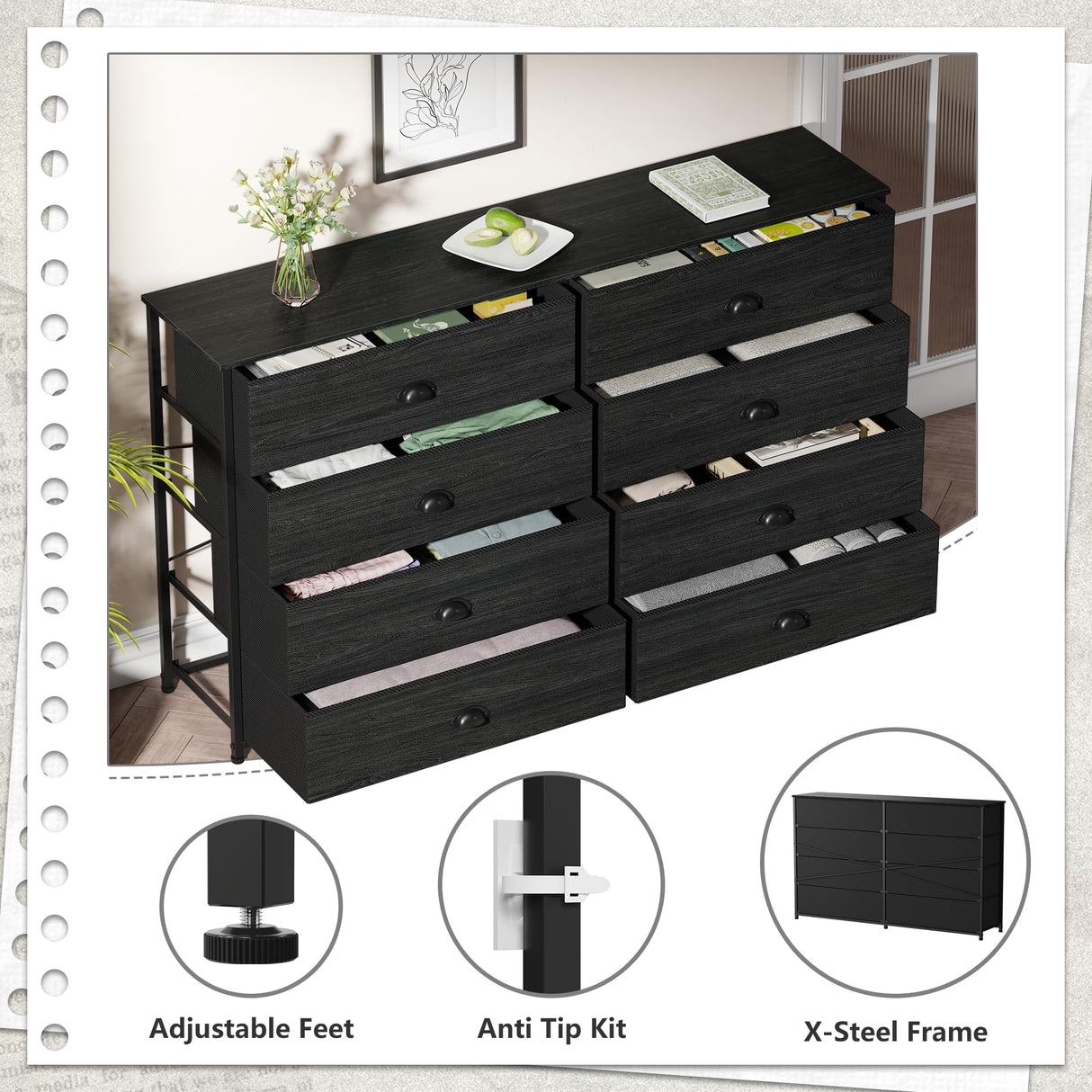 Furnulem Wide Dresser with 8 Fabric Drawers, TV Entertainment Center with Storage for 55'' TV, Large Chest of Drawers for Bedroom, Living Room, Dorm, Closet, Entryway, Wood Top (Black Oak) Furnulem