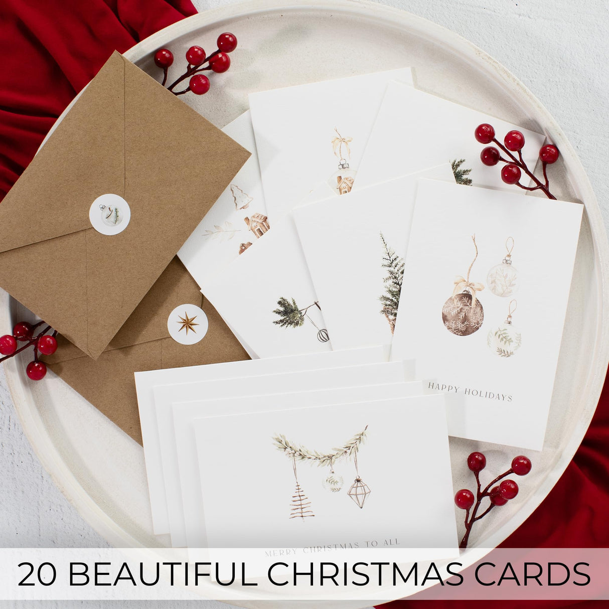 ZICOTO Beautiful Modern Rustic Christmas Cards Set of 20 - Incl. Bulk Envelopes, Matching Stickers And Storage Box - Perfect to Send Warm Holiday Wishes to Friends and Family ZICOTO