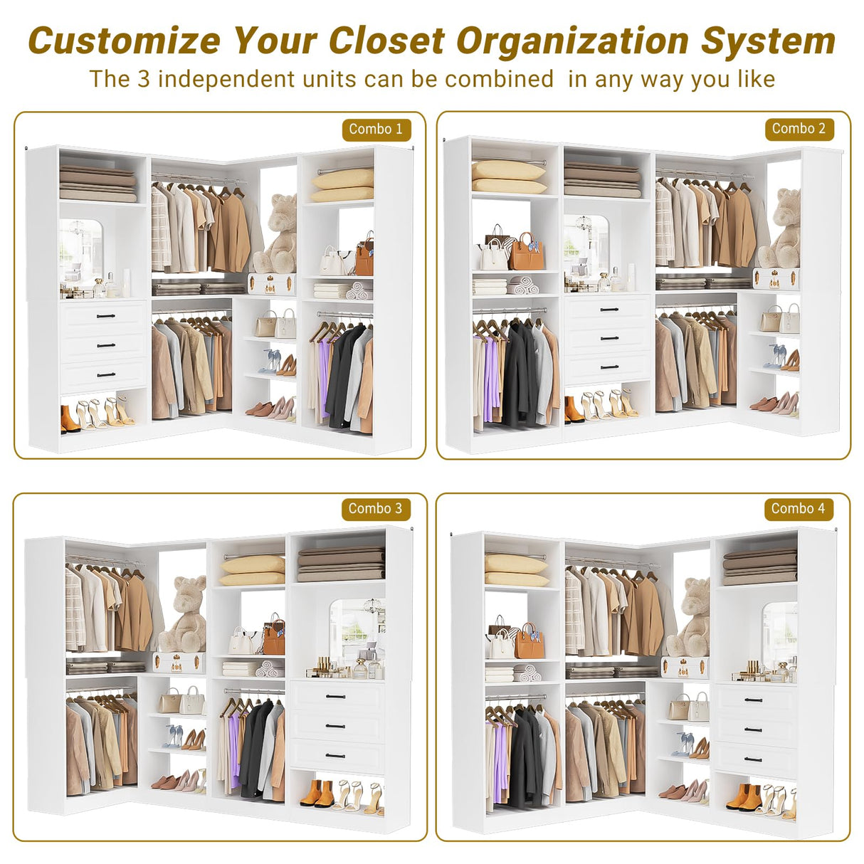 Unikito Closet System with Drawers,86” Modular Corner Closet Organizer System with Mirror,Freestanding Wood Wardrobe Organizer with Hanging Rods & Adjustable Shelves, Walk in Closet Tower, White Unikito