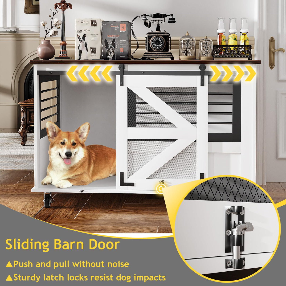 kepptory 47 inch XL Dog Crate Furniture with Top-Access Teasing/Feeding Doors, Farmhouse Wooden Decorative Dog Crates with Wheels, Chew-Resistant Dog Crates End Table for Medium&Large Dogs, White kepptory