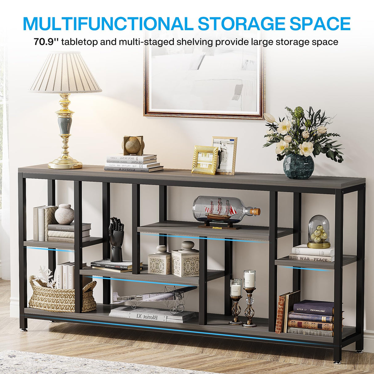 Tribesigns Console Sofa Table, 70.9 inch Extra Long Console Table Behind Couch with Storage Shelves, 3-Tier Modern Narrow Entryway Hallway Accent Table for Living Room, Grey Tribesigns